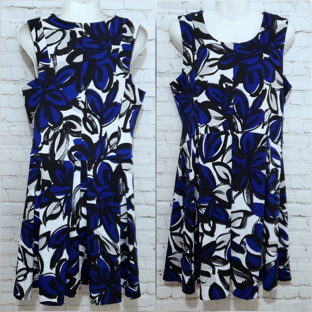 INC Blue and Black Floral Abstract Dress sz L